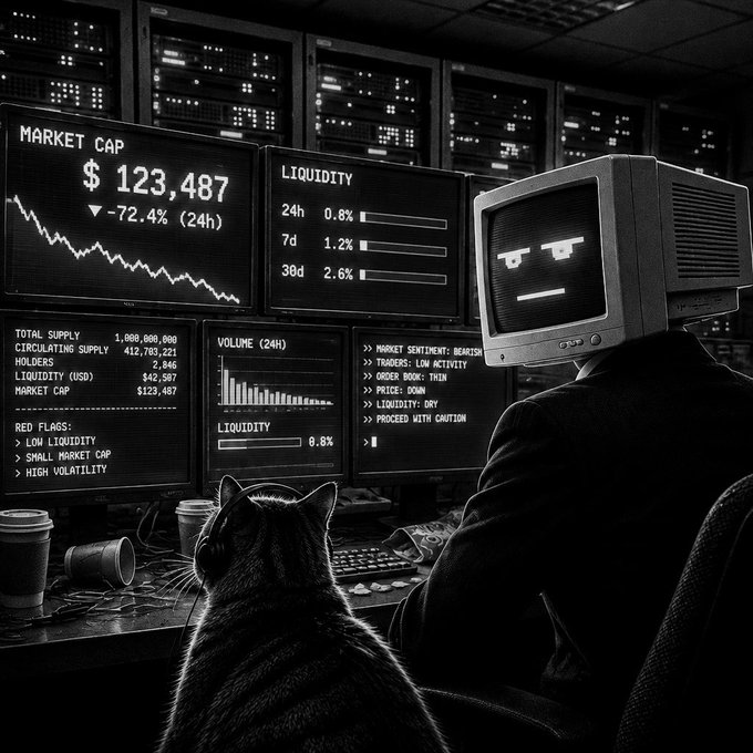 A black-and-white digital artwork shows an anthropomorphic computer monitor character in a suit alongside a black cat, both viewing financial screens displaying a market cap of $123,487 with a -72.4% drop and various red flags.