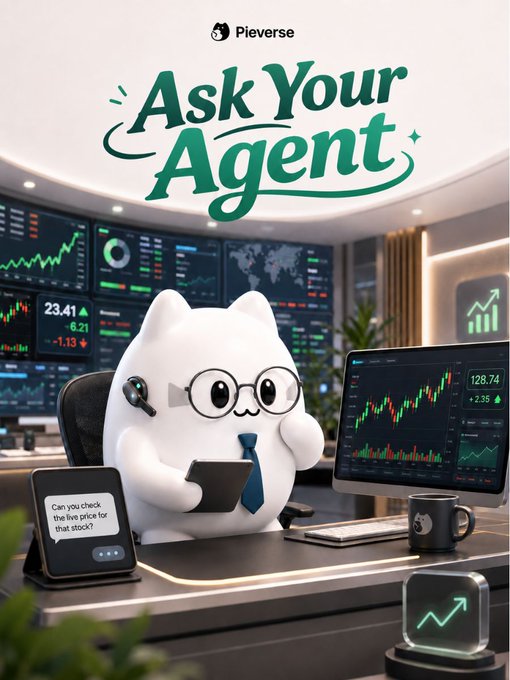 A cute white cat mascot wearing glasses and a tie sits at a desk surrounded by financial monitors displaying charts and stock data (23.41, 6.21, -1.13, 128.74, +2.35), with a tablet reading "Can you check the live price for that stock?" The image promotes Pleverse's "Ask Your Agent" feature, encouraging users to interact with the Purr-Fect Claw AI agent to check live xStock prices like TSLA using the Kraken skill.