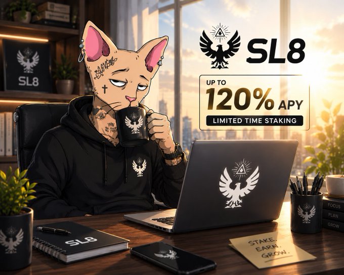 The image is about a cool cat wearing a black hoodie with a logo and ear cuffs in an office, presumably connected to a company called "SL8" endorsed by Cassator. This company is offering a limited time staking rate of up to 120% APY. The company is explaining how they will mix social networking, digital assets, and real-world assets into a single experience. The post provides an idea of how this company works and incentivizes users with a high staking APY.