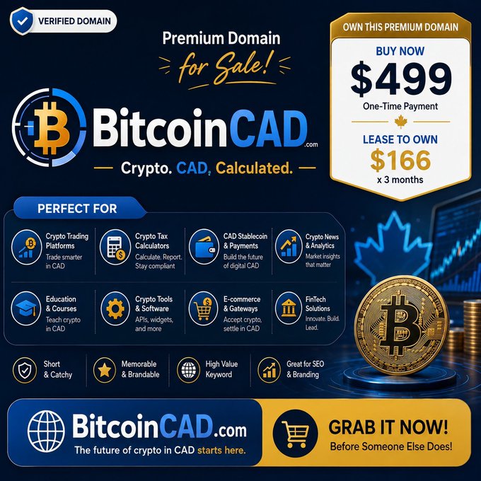 A promotional listing advertises the premium domain **BitcoinCAD.com** for sale, featuring pricing details of "$499 One-Time Payment" or "$166 x 3 months" to lease-to-own. The design highlights use cases like crypto trading, tax tools, and e-commerce, and emphasizes the tagline "Crypto. CAD. Calculated." alongside a large Bitcoin graphic—directly supporting the post's announcement of the BitcoinCAD.com domain.