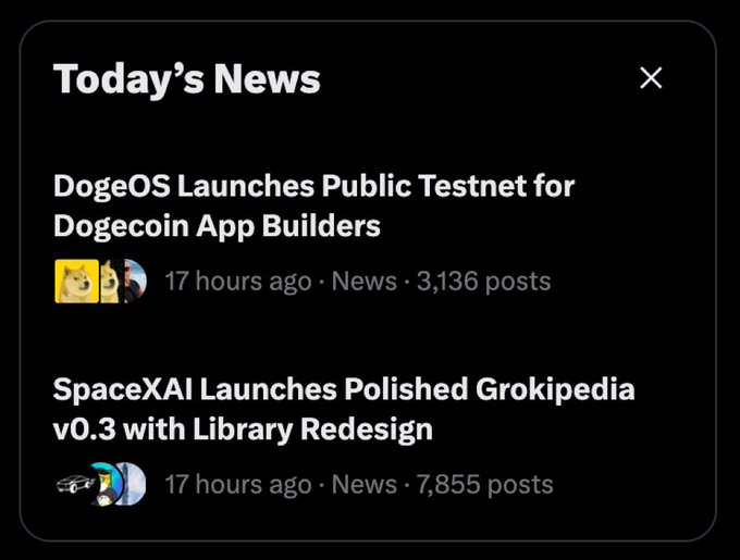 A 'Today's News' feed displaying headlines including 'DogeOS Launches Public Testnet for Dogecoin App Builders' and 'SpaceXAI Launches Polished Grokipedia v0.3 with Library Redesign', both from 17 hours ago.