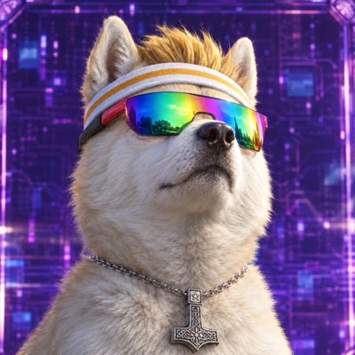 An AI-generated image of a Shiba Inu dog wearing colorful reflective sunglasses and a striped headband, with a Thor's hammer pendant necklace, set against a neon purple cyberpunk background.
