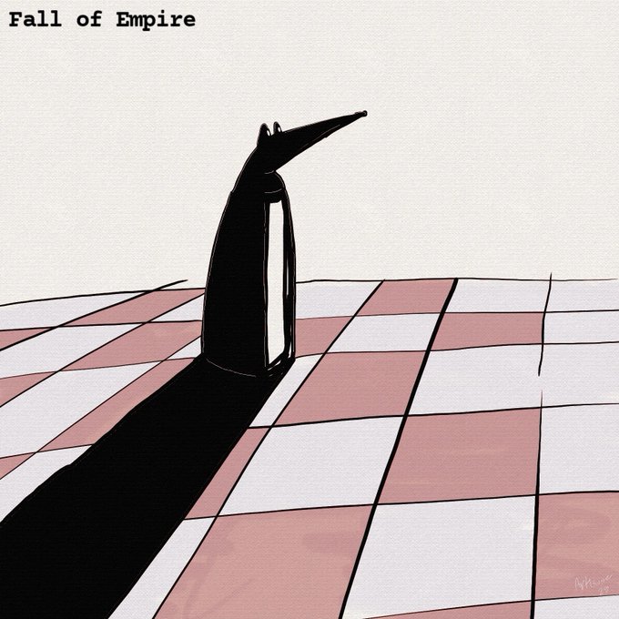 An illustration titled 'Fall of Empire' depicting a tall, black, monolithic figure with a pointed top casting a long shadow across a pink and white checkered floor.