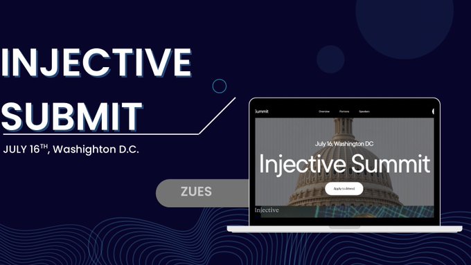 The image shows a laptop screen displaying an event page for the July 16, 2016 Injective Submit Summit held at the US Capitol. The text on the screen reads "July 16th Washington DC" and "Injective Submit Summit". The background of the image is blue with white text that says "July 16th Washington DC", indicating the date and location of the event. The laptop screen also displays a list of speakers, partners, and the confirmed venue for the summit.