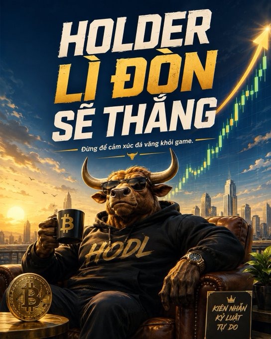 A bullish Bitcoin holder motivational graphic in Vietnamese titled 'HOLDER LÌ ĐÒN SẼ THẮNG' featuring a muscular bull in sunglasses holding a Bitcoin mug, with a Bitcoin coin and upward stock chart.