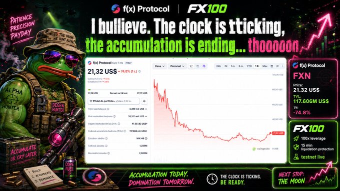 A promotional graphic for 'f(x) Protocol FX100' featuring a Pepe the Frog character in military gear, alongside a price chart showing '21,32 US$' and text 'I bullieve. The clock is ticking, the accumulation is ending... thoooonn'.