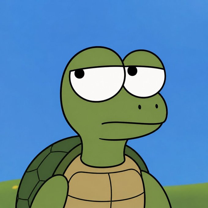 Cartoon illustration of a green turtle with a neutral expression against a blue sky background, resembling the 'Sleeping Pepe' or similar meme style.