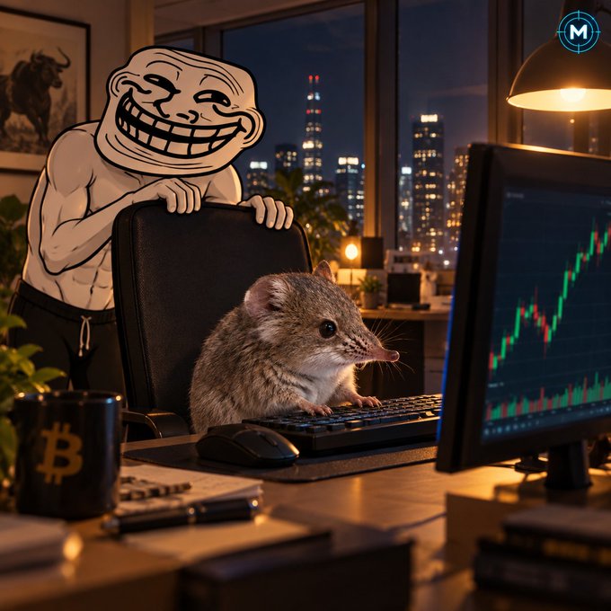 A stylized AI-generated scene featuring a small mouse at a keyboard on a desk with a Bitcoin mug, a 'troll face' cartoon character behind the chair, and a computer monitor displaying a rising stock chart with a city skyline at night.