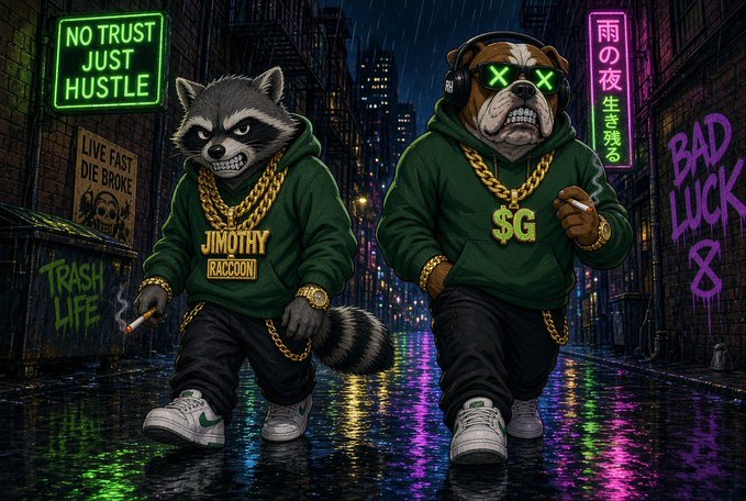 Neon-lit street scene featuring an anthropomorphic raccoon and bulldog wearing green hoodies and gold chains, with 'JIMOTHY RACCOON' on the raccoon's shirt and graffiti reading 'NO TRUST JUST HUSTLE' and 'BAD LUCK' on the walls.