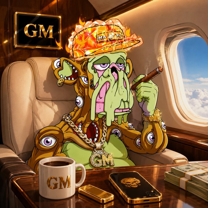 A stylized cartoon illustration shows a green-skinned character with multiple eyes, dripping slime, and a fiery diamond-encrusted cap smoking a cigar in a private jet, surrounded by 'GM' branding on a gold cup, phone, and wall plaque.