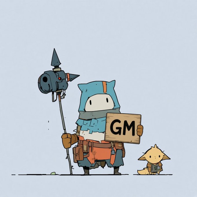 A cartoon illustration of a hooded character in blue robes holding a spiked mace and a 'GM' sign, accompanied by a small yellow creature, with the GM (Good Morning) greeting popular in crypto communities.