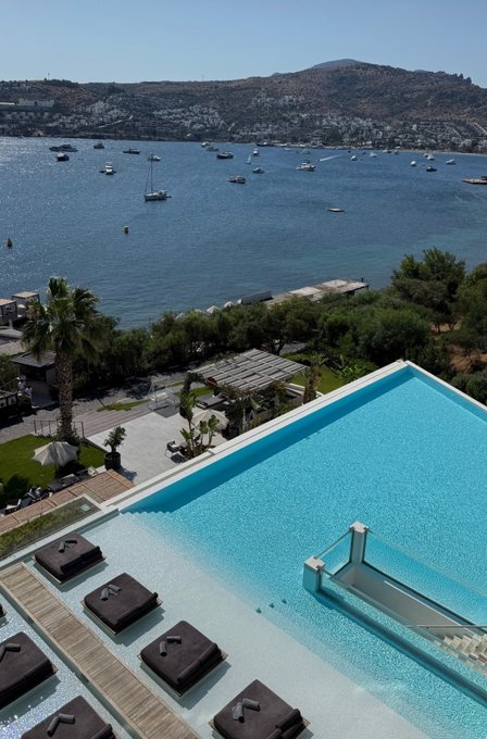 A pristine infinity pool with floating daybeds overlooks a stunning Mediterranean bay dotted with sailboats, framed by lush palm trees and distant hills under a clear blue sky—perfectly capturing the serene start to a "sunny basement morning" with breathtaking sea views.