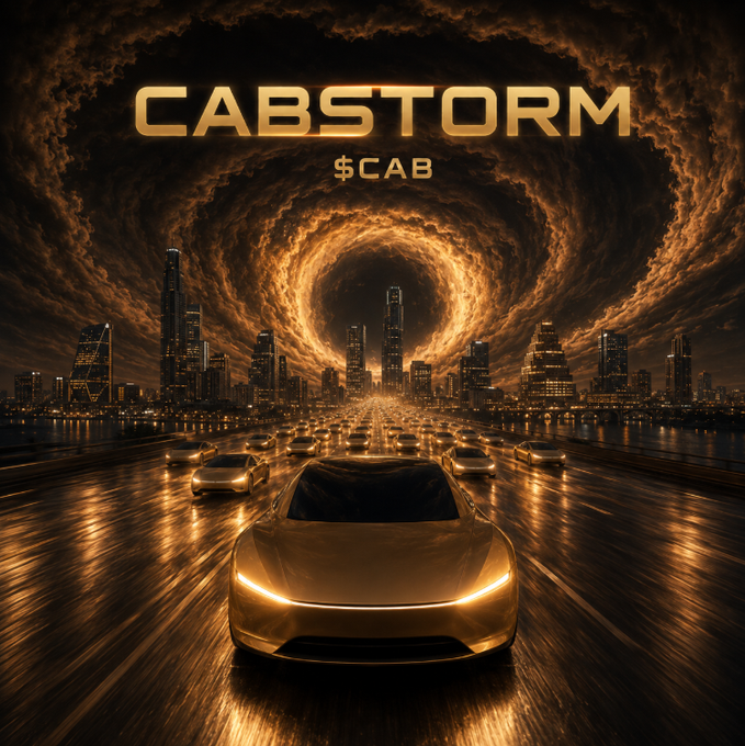 Dramatic digital artwork titled 'CABSTORM $CAB' showing a glowing sports car leading a fleet of vehicles toward a massive fiery tornado vortex above a nighttime city skyline.
