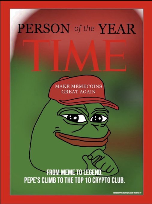 A parody of a TIME magazine 'Person of the Year' cover featuring the Pepe the Frog meme wearing a red 'MAKE MEMECOINS GREAT AGAIN' hat, with text reading 'FROM MEME TO LEGEND. PEPE'S CLIMB TO THE TOP 10 CRYPTO CLUB.'