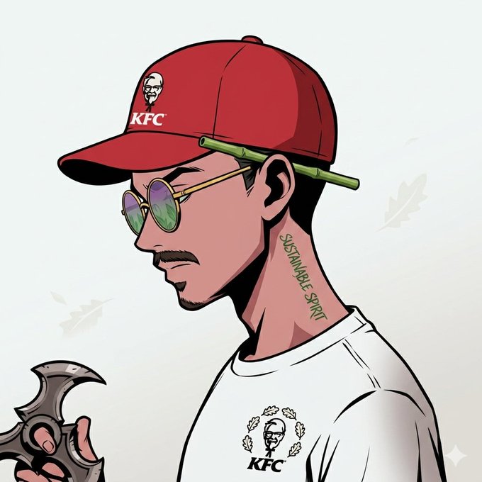 A stylized cartoon illustration of a man in profile wearing a red KFC cap, sunglasses, and a KFC t-shirt, with a 'Sustainable Spirit' tattoo on his neck.
