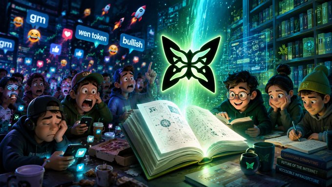 The image depicts a vibrant scene where a glowing green butterfly logo rises from an open book labeled "QUANTUM COMPUTING," "FUTURE OF THE INTERNET," and "ACCESSIBLE INFRASTRUCTURE," with diverse characters—some excited and reading, others bored on phones—surrounded by meme-style speech bubbles reading "gm," "wen token," and "bullish." It visually echoes the post's theme that thorough documentation (like Quip Network's) empowers builders who engage with the "why" behind projects, while critics distracted by hype miss the deeper understanding.