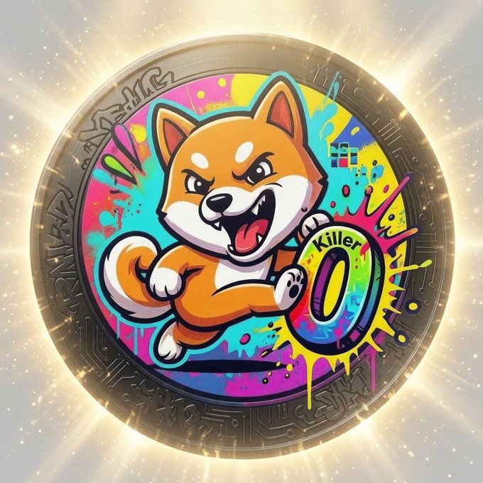 A colorful cryptocurrency coin design featuring an aggressive cartoon Shiba Inu dog with paint splatter effects and the text 'Killer' and 'O' on a golden metallic background.
