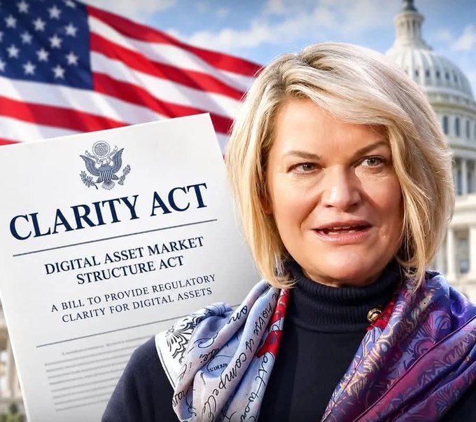 A blonde woman stands in front of an American flag and the U.S. Capitol building, holding a document titled 'CLARITY ACT - Digital Asset Market Structure Act - A bill to provide regulatory clarity for digital assets'.