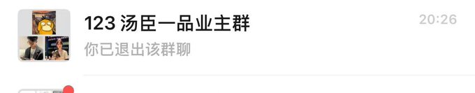 The image shows a WeChat group chat notification displaying the group name "123 汤臣一品业主群" (123 Tomson Riviera Owners' Group) with the message "你已退出该群聊" (You have left this group chat) at 20:26, reflecting the post's sentiment about the homeowner group being disbanded and its members needing to seek re-invitation.