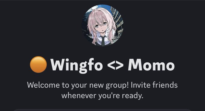 A dark interface shows an anime-style character avatar at the top with the text 'Wingfo <> Momo' and 'Welcome to your new group! Invite friends whenever you're ready.'