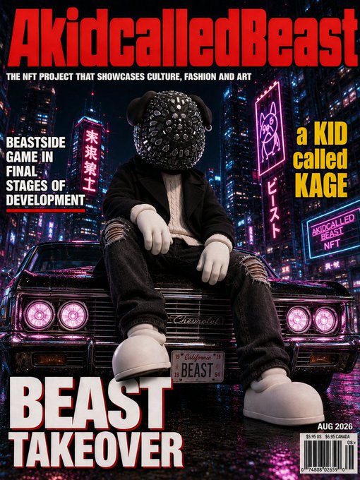 A magazine cover titled 'AkidcalledBeast' for an NFT project showcasing culture, fashion and art, featuring a figure in a jeweled mask sitting on a car with text 'Beast Takeover' and 'A Kid Called Kage', dated AUG 2026.