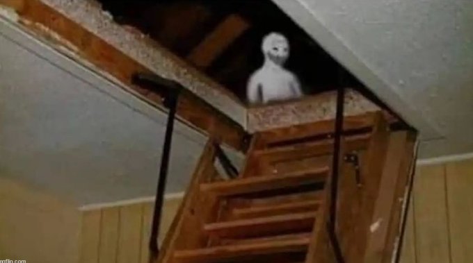 A low-quality, eerie photo showing a pale, doll-like figure with large eyes standing at the top of a wooden staircase in what appears to be an attic space.