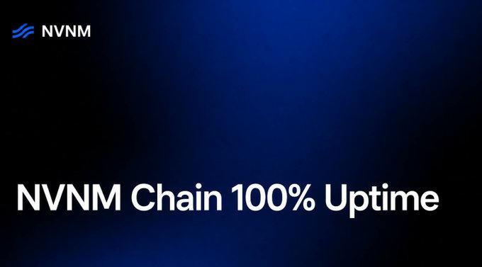 A dark blue graphic features the NVNM logo in the top-left corner and the bold white headline "NVNM Chain 100% Uptime" displayed across the bottom, visually reinforcing the post's claim that NVNM Chain remained fully operational with continuous block production during the MANTRA Chain halt.