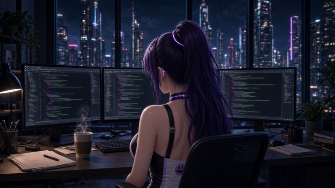 An anime-style illustration of a person with purple hair in a ponytail sitting at a desk with three monitors displaying lines of code, with a coffee cup nearby and a city skyline visible through the window at night.