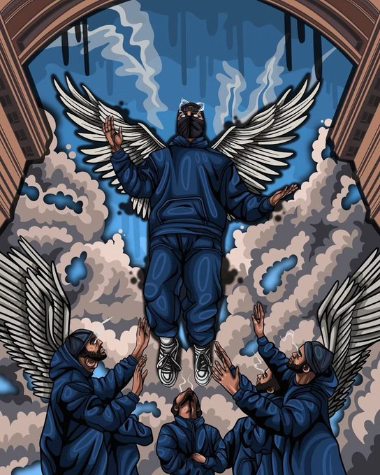 The image depicts a winged figure in a blue tracksuit levitating among clouds above hooded onlookers reaching upward, which thematically aligns with the "HEAVENLY FRIEND" auction teaser implying the collectible portrays this angelic scene as a digital art piece.