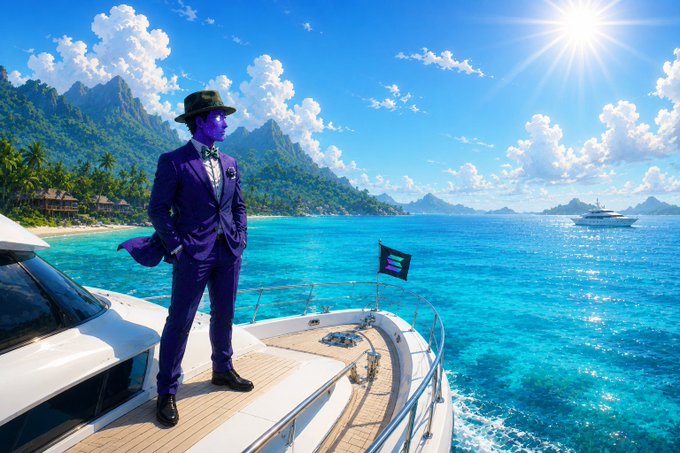 A well-dressed man in a vibrant purple suit and fedora stands on the bow of a luxury yacht, gazing out over turquoise tropical waters, with a Solana flag flying behind him—perfectly capturing the "SOLANA SUMMER" vibe of luxury and crypto leisure for a strong weekend.