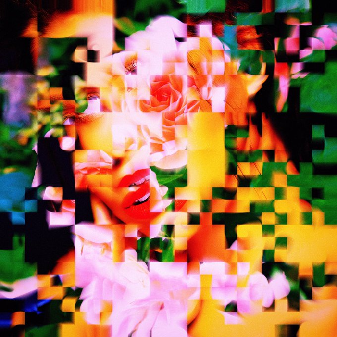 A glitchy, pixelated portrait of a woman's face merged with pink roses and vibrant green, orange, and yellow hues.