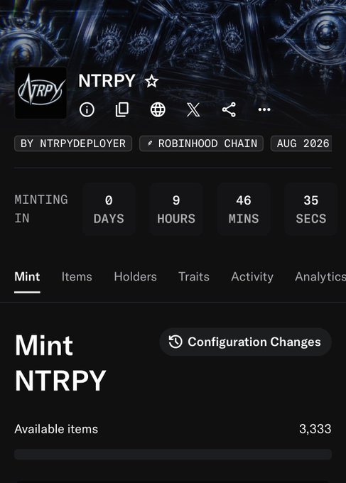 A dark-themed NFT minting page for 'NTRPY' on the Robinhood Chain by NTRPYDEPLOYER, showing a countdown of 9 days until minting of 3,333 available items.