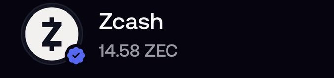 A digital display shows the Zcash cryptocurrency logo with the text "Zcash" and a balance of "14.58 ZEC".
