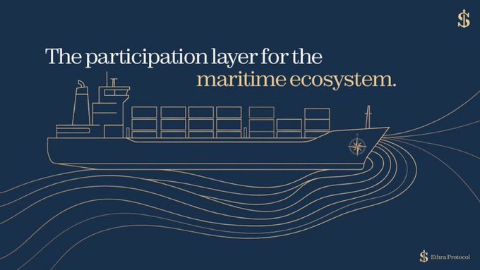 A dark blue graphic featuring a gold line-art illustration of a cargo ship on stylized waves, with the text 'The participation layer for the maritime ecosystem.' and the 'Sifira Protocol' logo.