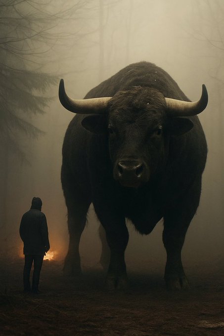 A hooded figure stands dwarfed by a massive, mist-shrouded bull with imposing horns, evoking the looming weight of market forces. The scene mirrors the post's cautionary tone, suggesting that even as Bitcoin eyes a potential rally to $66–67K, the path remains foggy and fraught with the bullish beast's unpredictable power.