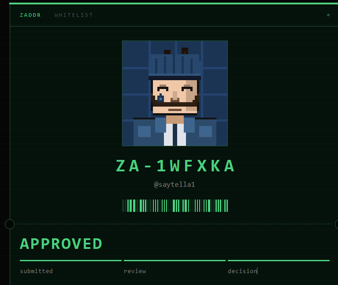 ZADOR WHITELIST approval card showing pixel art of a character with code 'ZA-1WFXKA' by @saytella1 marked as APPROVED.