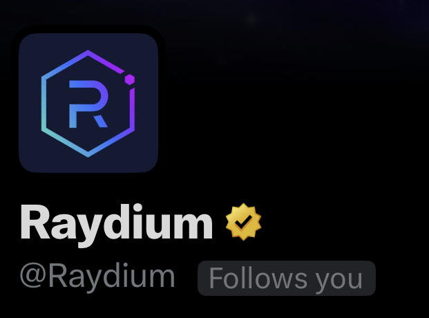 The image shows a Twitter/X profile for Raydium (@Raydium) with a verified checkmark and a "Follows you" indicator, displayed on a dark background. The accompanying post "Best replies get a follow" is a common engagement tactic used by the official Raydium DeFi project account to encourage interaction from followers.