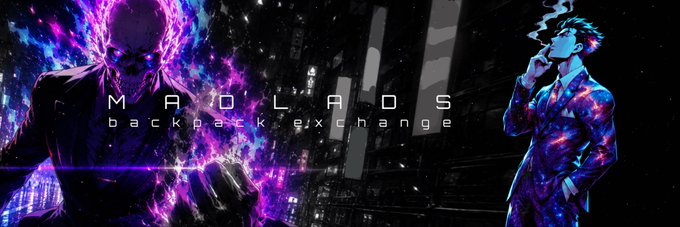 A stylized banner features two anime-style figures—one menacing with purple energy on the left, the other composed in a galaxy-patterned suit on the right—with the text "MAD'LADS" and "backpack.exchange" centered between them, tying into the post's reflection on NFT culture and the MadLads community's pursuit of profit and shared purpose.