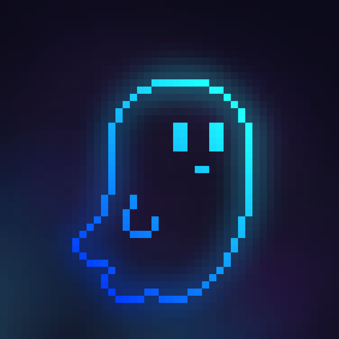 A pixel-art style glowing blue smiley face or ghost-like icon centered on a dark blue gradient background.