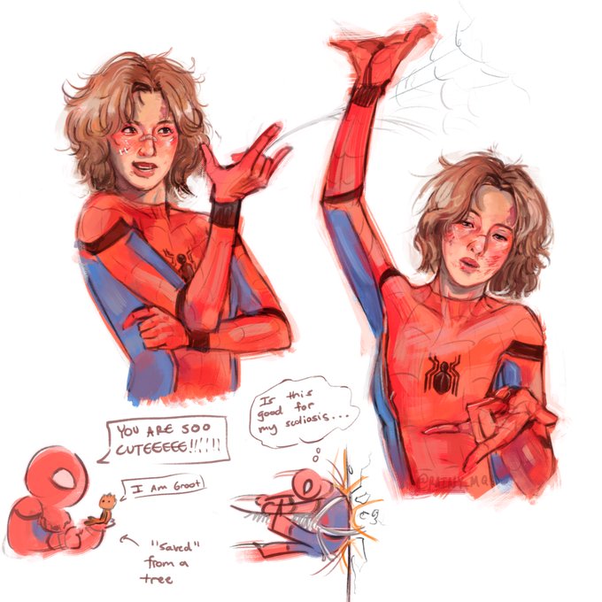 A sketch page featuring Spider-Man fan art of a character with curly hair and spider-themed suit, including small doodles of a baby Spider-Man with text reading "You are soo cuteeee!!!" and "I am groot," along with a spider character noting "Is this good for my scoliosis..." and "saved from a tree," reflecting the artist's playful "Spidersol page 1 of 2" concept.