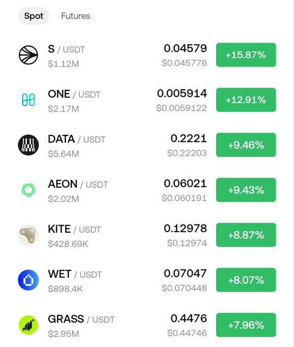A cryptocurrency price tracking interface showing top gainers including S/USDT (+15.87%), ONE/USDT (+12.91%), DATA/USDT (+9.46%), AEON/USDT (+9.43%), KITE/USDT (+8.87%), WET/USDT (+8.07%), and GRASS/USDT (+7.96%).