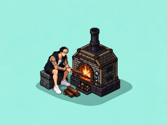 A pixel art illustration shows a tattooed man sitting by a brick forge or oven, tending to a fire with a log.