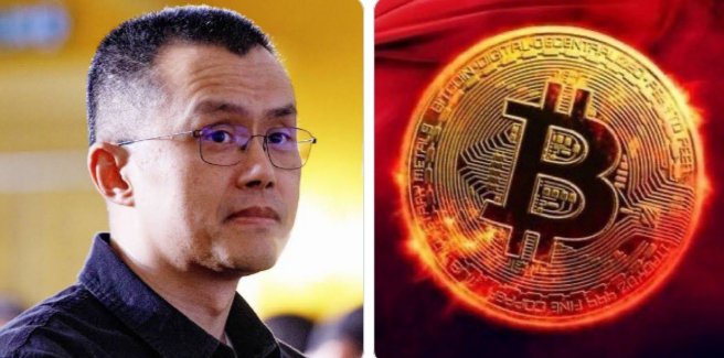 The image is a split composition featuring Changpeng Zhao (CZ), the founder of Binance, on the left side wearing glasses, alongside a glowing orange Bitcoin token on the right. The visual pairs the influential crypto executive with the cryptocurrency at the center of his bullish $1 million price prediction, reinforcing the post's message about Bitcoin's potential long-term ascent.