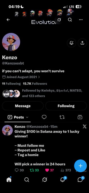 A Twitter/X profile for user 'Kenzo' (@Kenzooxbt) posted 'If you can't adapt, you won't survive' along with a giveaway for $100 in Solana.