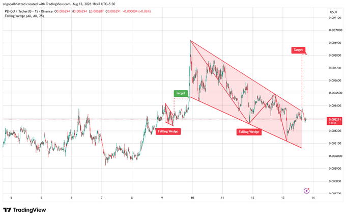TradingView candlestick chart for PENGU/USDT on Binance showing a 'Falling Wedge' pattern with target price markers, currently at 0.006291 USDT.