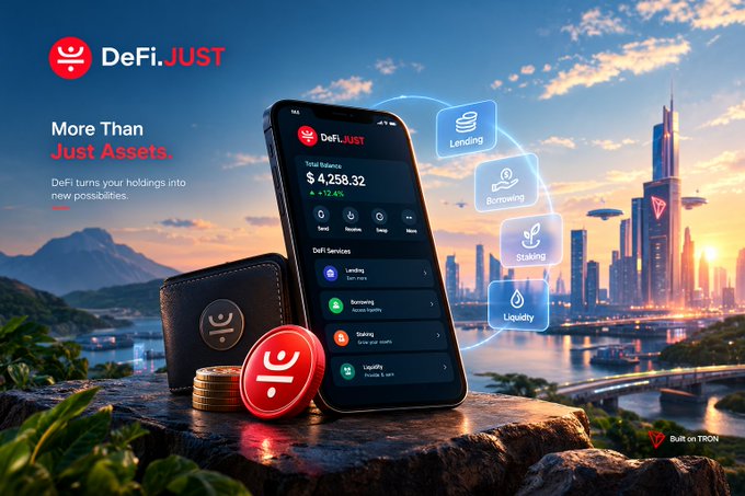 Promotional image for DeFi.JUST showing a smartphone displaying the app interface with $4,258.32 total balance, alongside a wallet and coins, with floating icons for Lending, Borrowing, Staking, and Liquidity services, set against a futuristic cityscape with the tagline 'More Than Just Assets' and 'Built on TRON'.