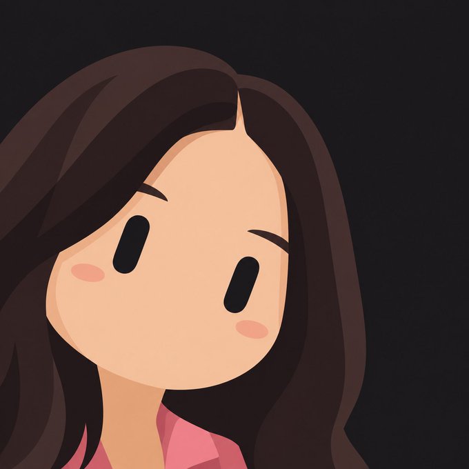 A close-up cartoon-style illustration of a girl with long dark hair and a pink top, featuring rosy cheeks and large black eyes.