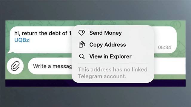 A Telegram chat screenshot showing a debt request message starting with 'hi, return the debt of 1 UQBz', with a context menu displaying 'Send Money', 'Copy Address', and 'View in Explorer' options.