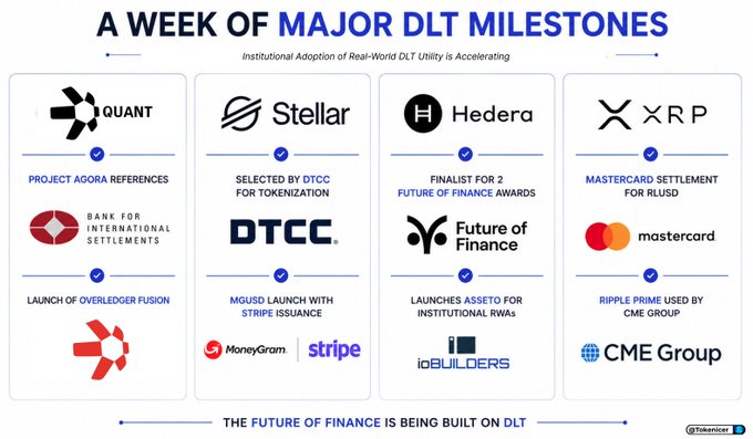 The image presents a poster that features logos of financial companies, including Bitcoin, DTC, Stripe, and others, as well as their respective awards. The first group of logos consists of Bitcoin, DTC, and XRP logos; the second group includes Stellar, Hedaera, Moneyprint, and future finance logos. These logos signify a significant milestone for cryptocurrency and financial innovation in the industry, indicating that major milestones are being recognized by these companies.