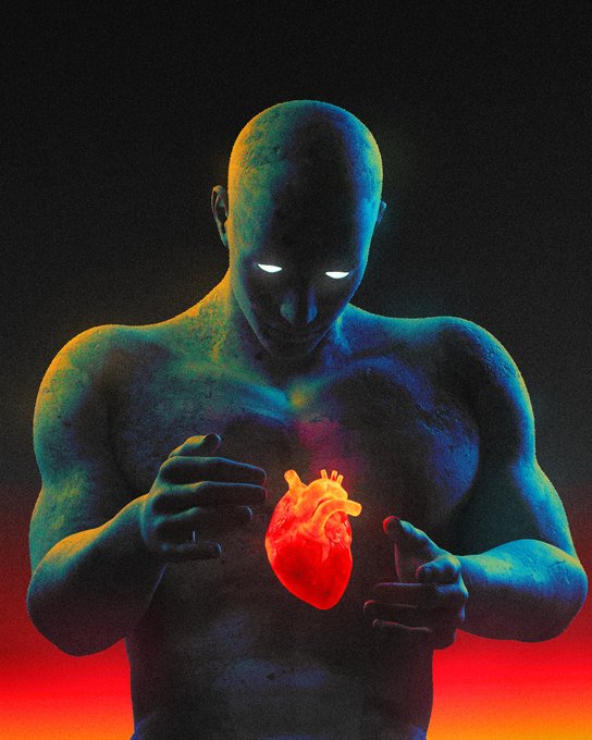 A digital illustration of a glowing humanoid figure with bright white eyes holding a bright red anatomical heart against a dark background.